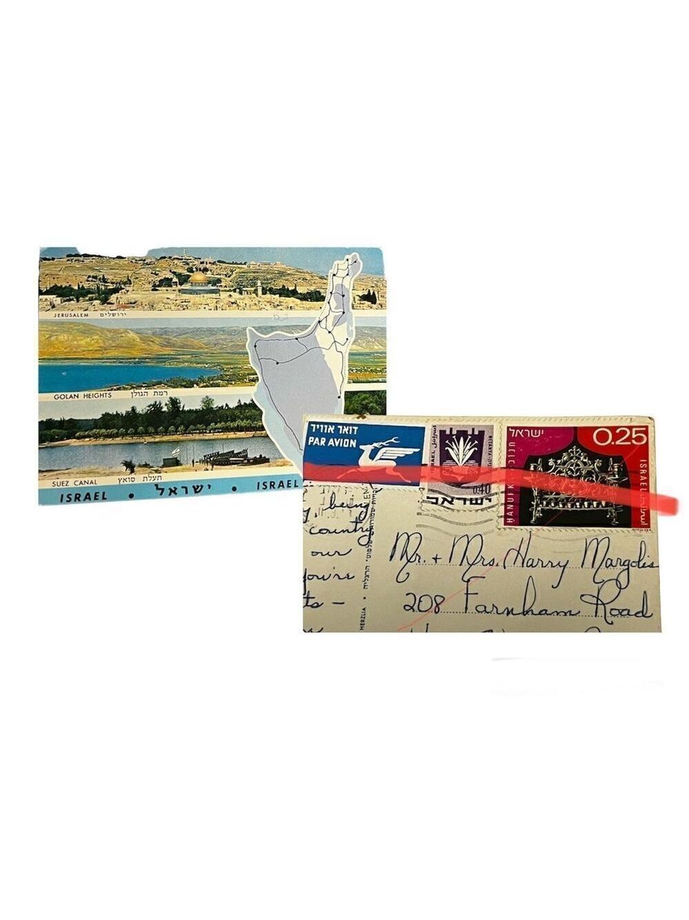 Vintage ISRAEL 1953 STAMPS 25Cent 40Cent and 1 more on a postcard